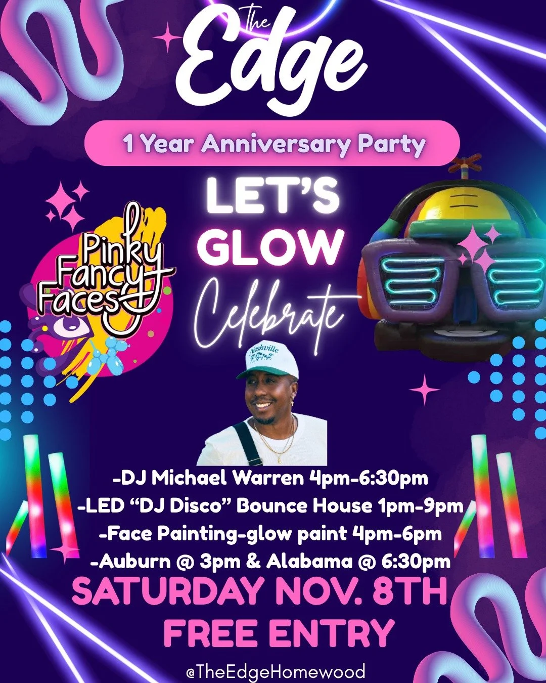 💥 LET&rsquo;S GLOW CELEBRATE! 💥
Join us as The Edge turns 1! 🥳✨

We&rsquo;re lighting up Homewood with a full day of fun:
🎧 DJ Michael Warren | 4&ndash;6:30PM
🎈 LED &ldquo;DJ Disco&rdquo; Bounce House | 1&ndash;9PM
🎨 Face Painting &amp; Glow Pa
