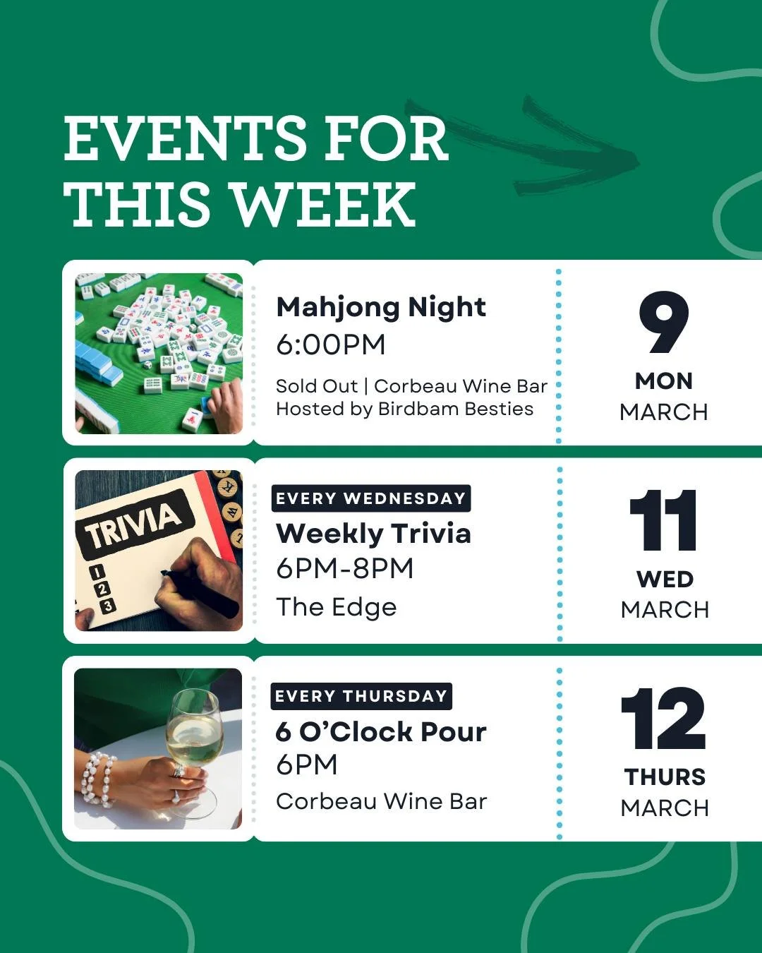 It&rsquo;s not easy being green, but it sure is easy spending your week at The Edge. 🍀

We have our regularly scheduled events, like Trivia Night, The 6 O&rsquo;Clock Pour, and Thursday Tunes that bring both regulars and newcomers together. 

Plus, 