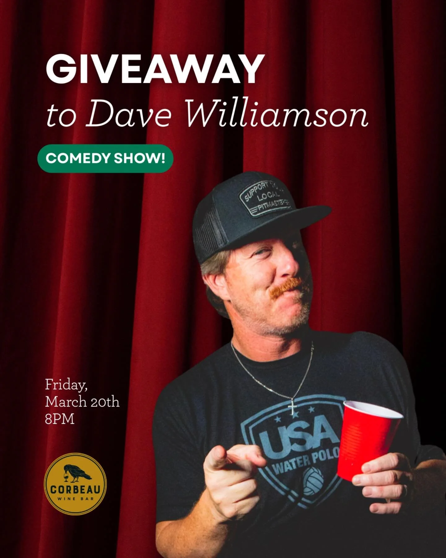 Enter to win tickets to Dave Williamson&rsquo;s Comedy Show at Corbeau Wine Bar on Friday! 🚨

For one night only, laugh along with Dave&rsquo;s &ldquo;Midwestern nice&rdquo; charm that hides a razor-sharp wit.

How to enter:
1. Make sure you&rsquo;r