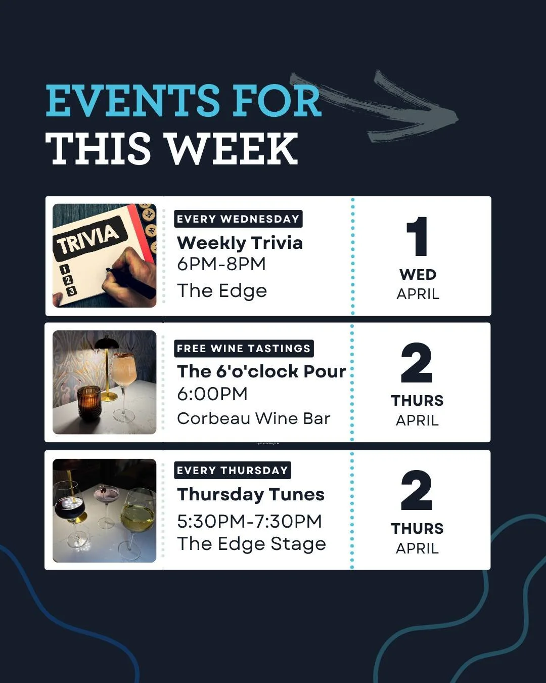 Your weekly "what should we do?" text just got answered 📲

🧠Trivia Wednesday for the friends that are in it to win it 

🍷🎶Wine and live music on Thursday for a laid-back, yet classy date night 

💃🎤Dance social and karaoke Friday for s