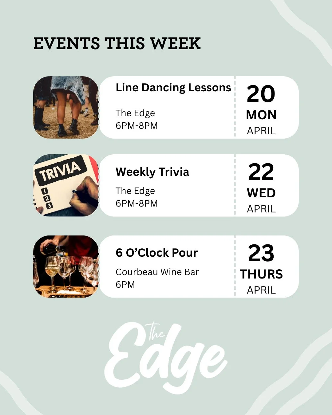 It&rsquo;s a big week at The Edge 🍷🎶

There&rsquo;s a lot happening and we can&rsquo;t wait to have you with us. If you&rsquo;re a wine lover, don&rsquo;t miss our free weekly 6 o&rsquo;clock wine tasting on Thursday and join us Friday afternoon fo