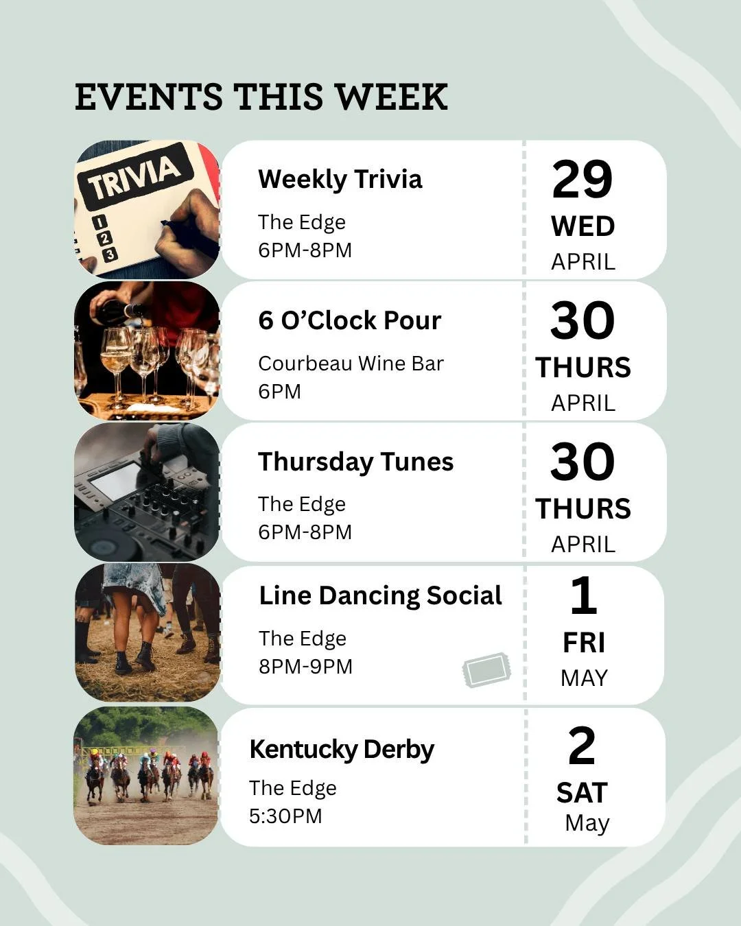 April is wrapping up &amp; we&rsquo;re kicking off May in a big way at The Edge.

Join us all week long⬇️ 

🎲  Wednesday: free weekly trivia
🍷  Thursday: Thursday Tunes &amp; a free wine tasting at @corbeauwinebar_theedge
💃  Friday: a $5 ticketed 