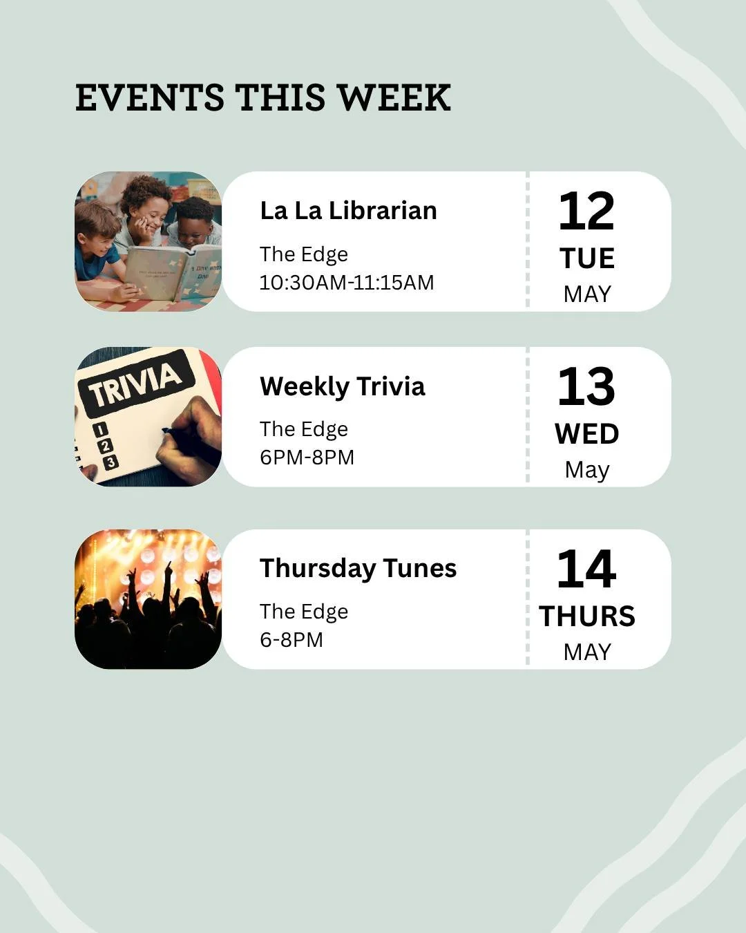 This week&rsquo;s lineup is stacked 🎉

📚 Tuesday: La La Librarian (10:30AM&ndash;11:15AM)
🧠 Wednesday: Weekly Trivia (6&ndash;8PM)
🎶 Thursday: Thursday Tunes (6&ndash;8PM) + Wine Tasting (6PM)
🎤 Friday: Clean Comedy Night (7:30&ndash;9PM)
⚽ Satu