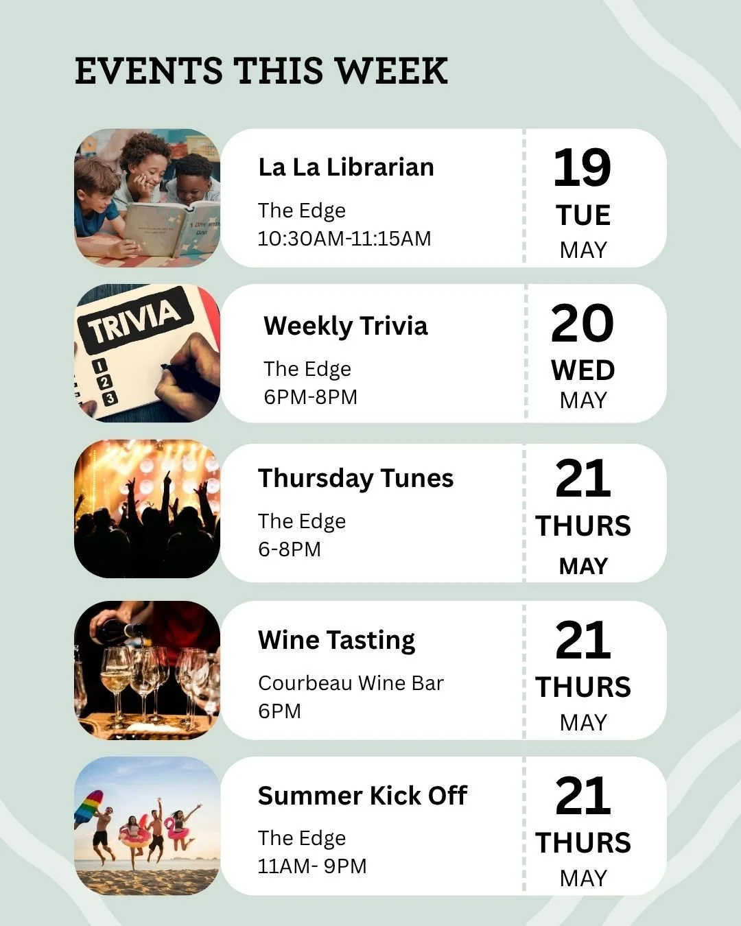This week, we are welcoming summer in full swing! 

📚 Tuesday: La La Librarian (10:30AM&ndash;11:15AM)
🧠 Wednesday: Weekly Trivia (6&ndash;8PM)
🎉 Thursday: Summer Kick-Off Party (11AM-9PM)
🎶 Thursday: Thursday Tunes (6&ndash;8PM) + Wine Tasting (