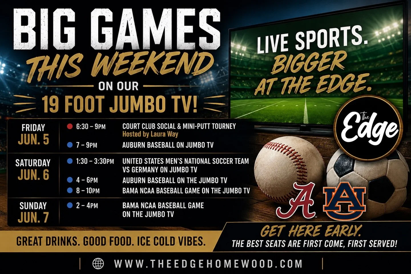 ⚾🏆⚽ BIG GAMES. BIG SCREEN. BIG WEEKEND.
Catch all the action on our 19-Foot Jumbo TV at The Edge!

Grab your crew, enjoy great food and cold drinks from our restaurants, and watch every play on the biggest screen around.