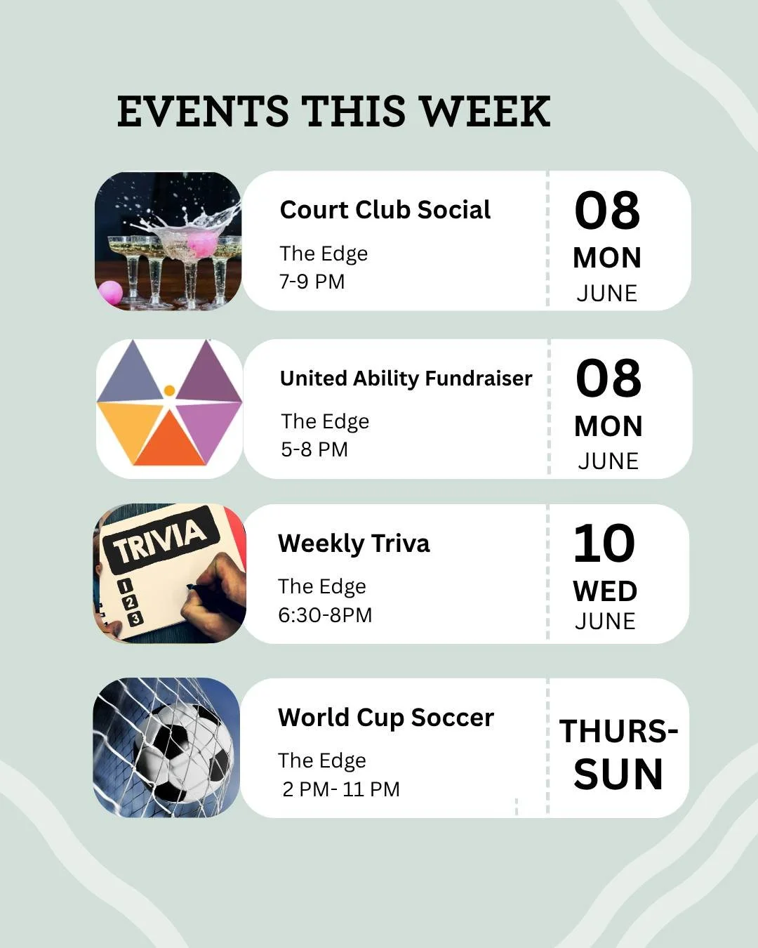 The FIFA World Cup is finally here! Starting Wednesday, watch every game LIVE on our big screen. Not the biggest football fan? We've got so many other fun activities planned for you! ⚽️🥳🏟️