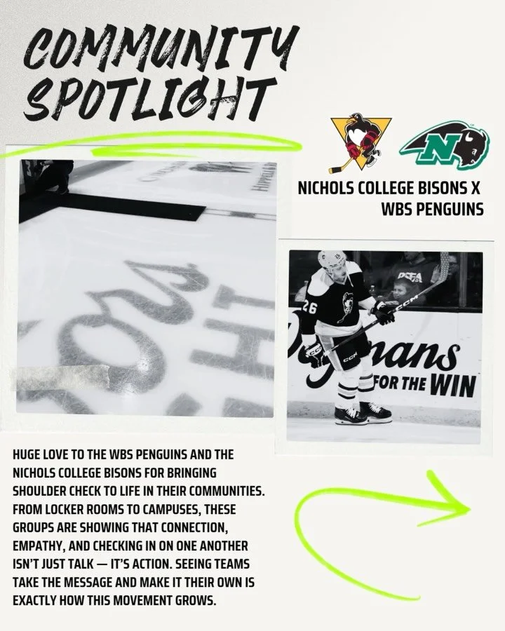 Community Spotlight 💙

Big shoutout to the WBS Penguins @wbspenguins and the Nichols College Bisons @ncbison for stepping up and bringing Shoulder Check to life in their arenas and on their campuses. Real connection, real impact &mdash; exactly how 