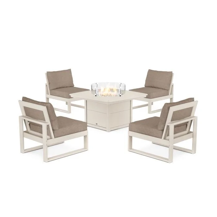 A four-piece outdoor patio furniture set with a fire pit in the center, consisting of four white wooden chairs with beige cushions.