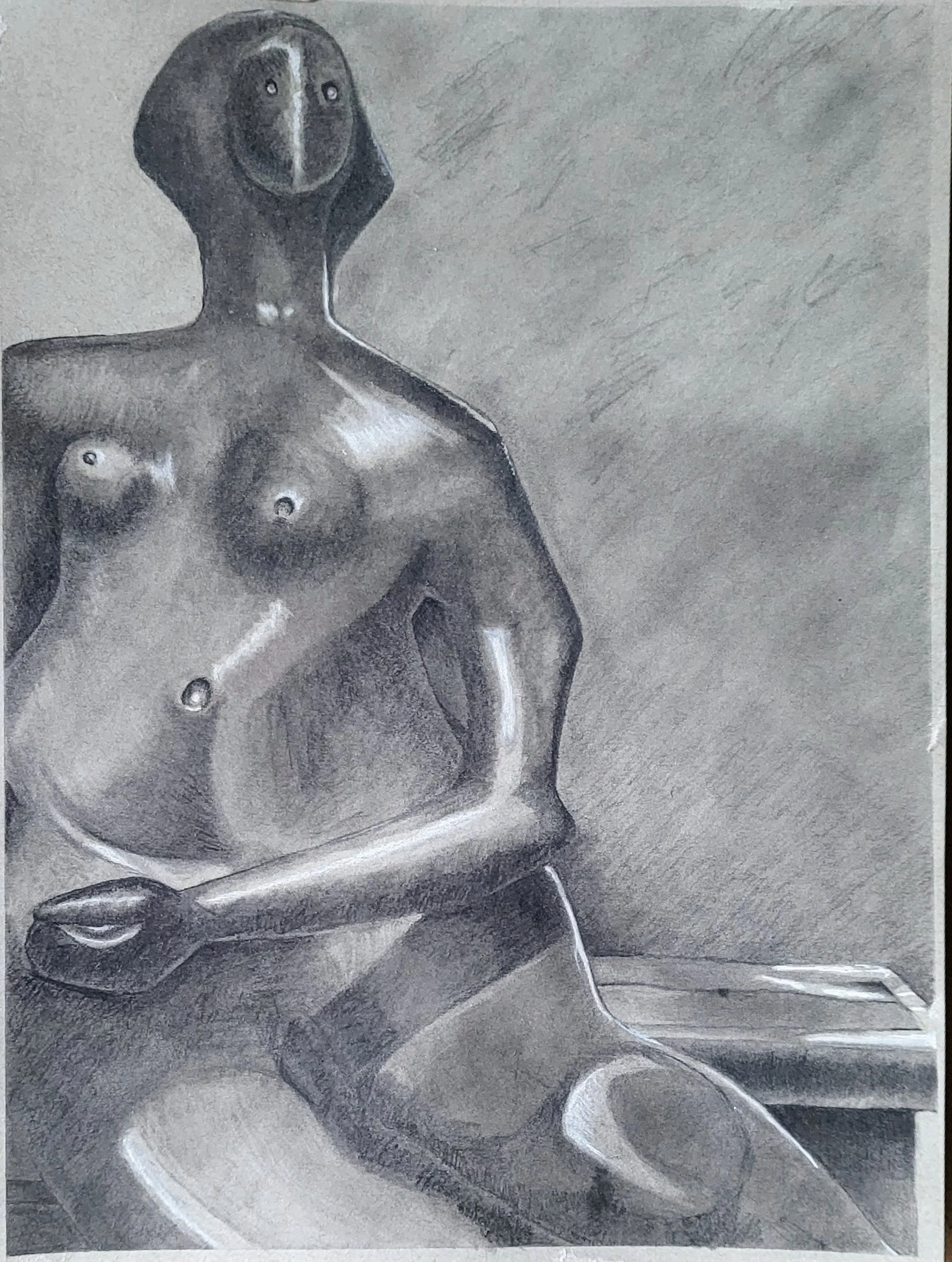 A graphite drawing of a sculpture of a seated woman in a gray background.