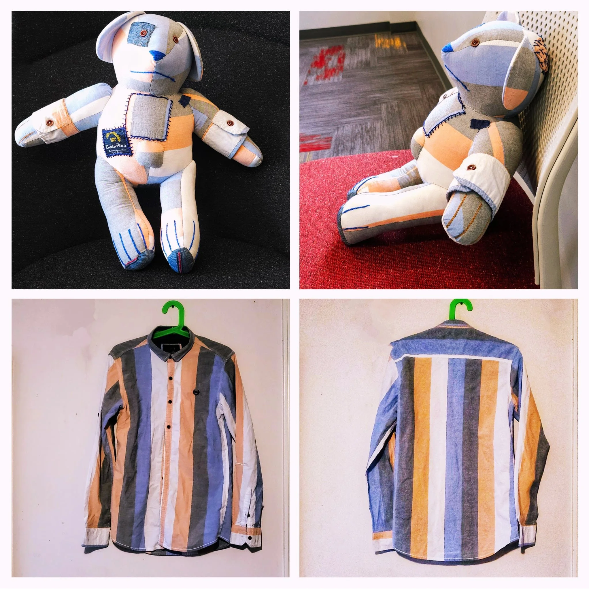 A collage of a man's dress shirt front and back; a stuffed teddy bear standing in profile and front view.