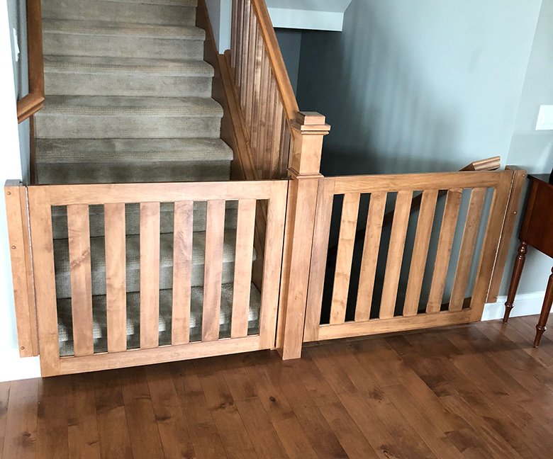 Custom stain matched wooden safety gate for staircases
