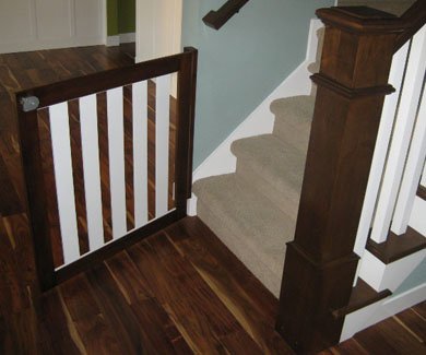 Two tone staircase safety gate open