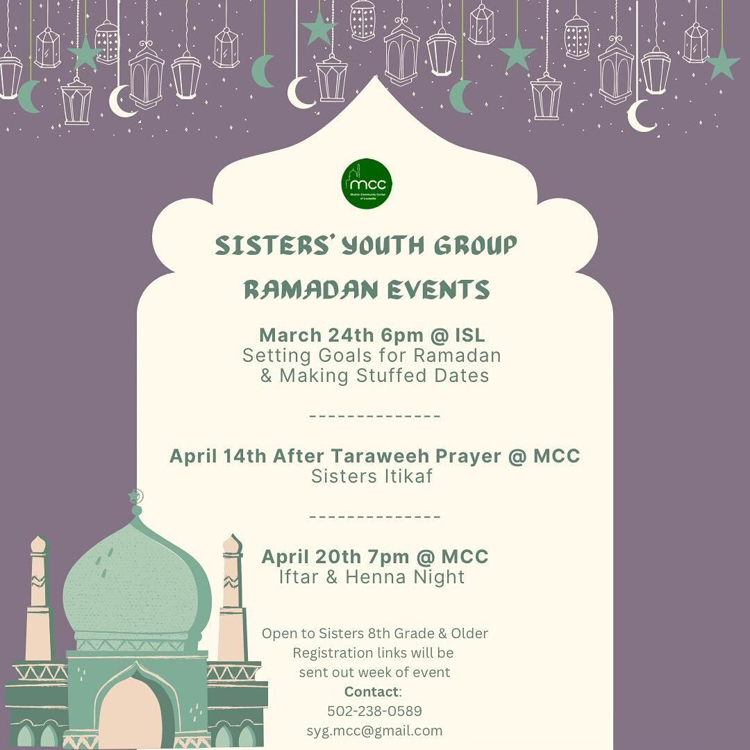 Two EXCITING Sisters Youth Group events on our horizon! 
This Friday, April 14, the SYG group will be hosting an Ihtikaf for girls in 8th grade and up! 
The registration link will be sent out soon. For further information, please text Sr. Patool at (