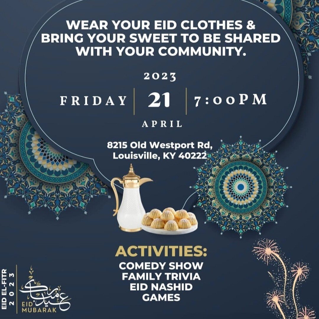 Eid-al-Fitr 2023 is here! As promised, here is the first of several MCC events to put on your calendar. 

Please join MCC tomorrow at 7:00 PM in celebrating this joyous Eid celebration with your fellow Muslim community. Bring a delightful treat to sh