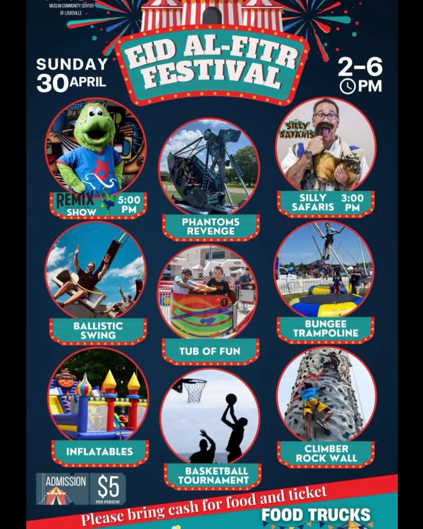 Assalamu Alaikum Warahmatullahi wabarakatuhu! 

Dear Respected Community Members:
The Muslim Community Center of Louisville is excited to host its Eid Festival on Sunday 4/30 from 2:00 to 6:00 PM. Remix show, Silly Safari Show, inflatables, Euro Bung