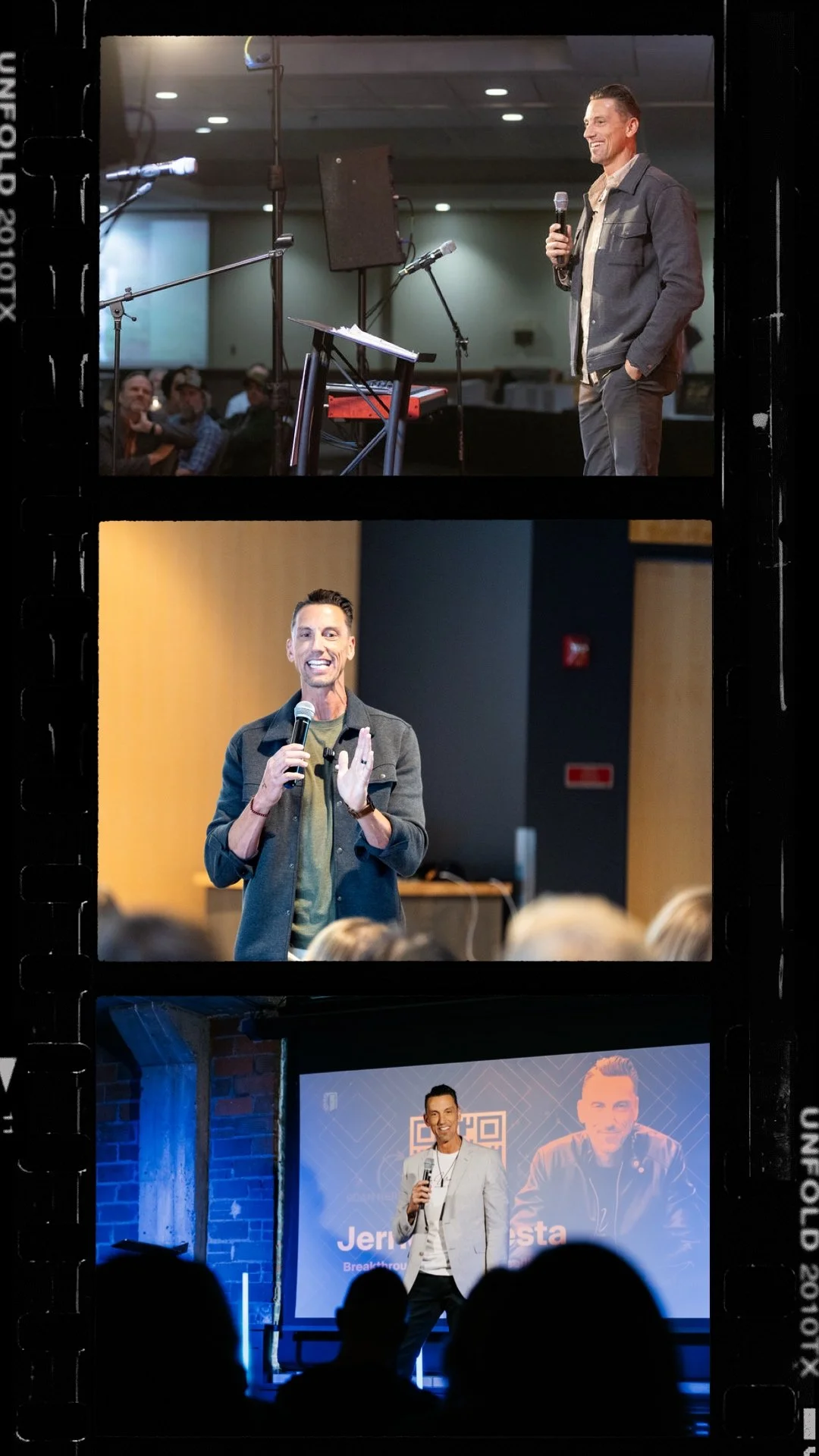 Three images of men speaking at different events, each holding a microphone. The first man is on stage with audio equipment behind him and an audience, the second man is smiling and gesturing as he talks to an audience, and the third man is in front of a large screen displaying his name during a presentation.