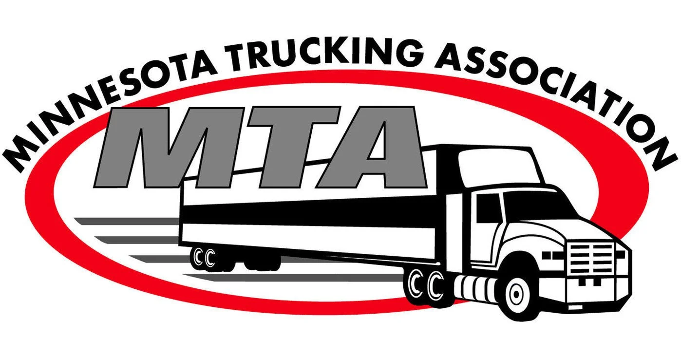 Logo of the Minnesota Trucking Association featuring a black and white semi-truck with the acronym MTA on the trailer, encased in a red oval with the association's name curved above.