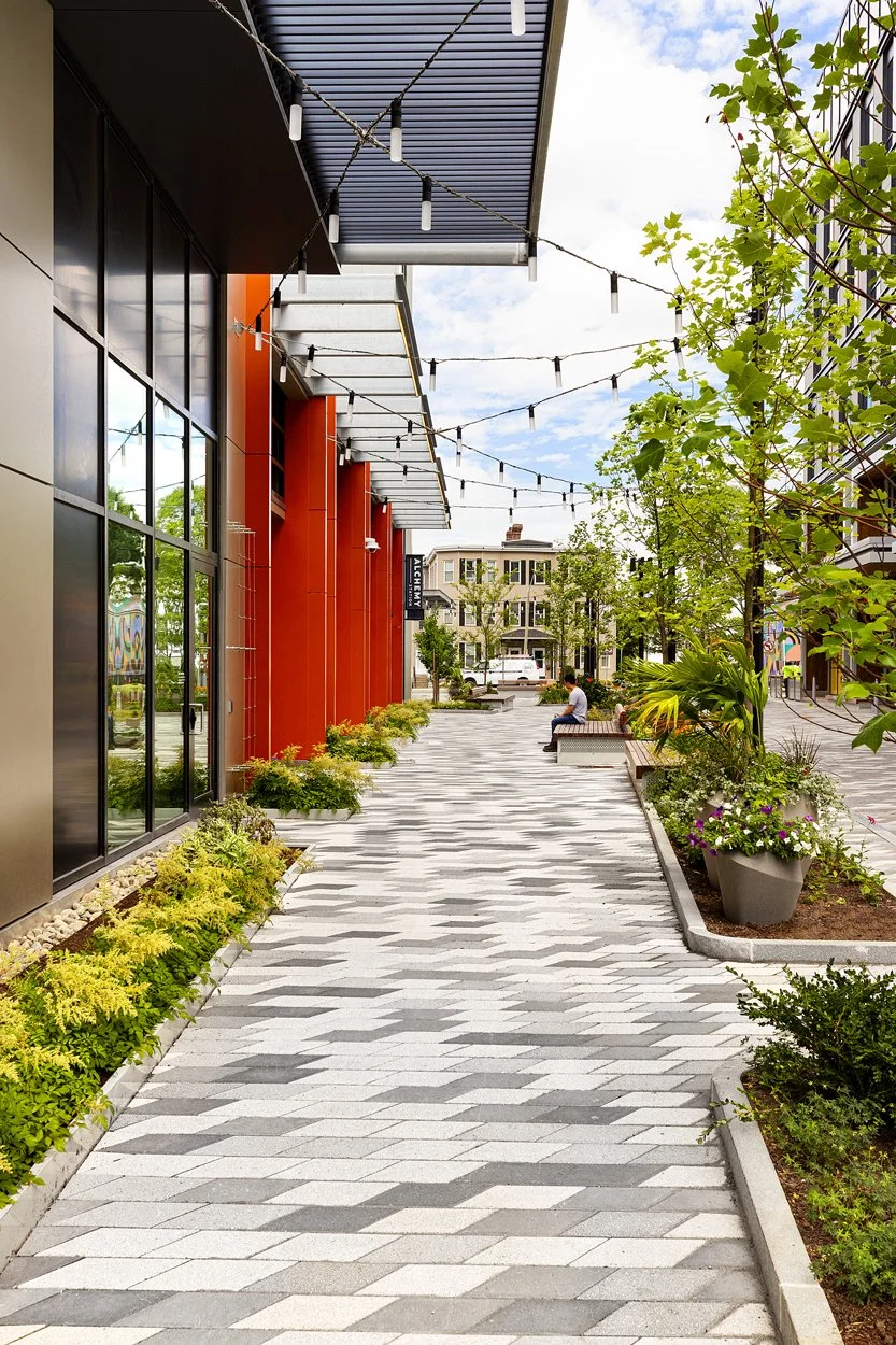 Public pedestrian throughway and plaza at Allston Labworks in Massachusetts. A high contrast paver design lined by soft greenery highlights the creative energy of the neighborhood.