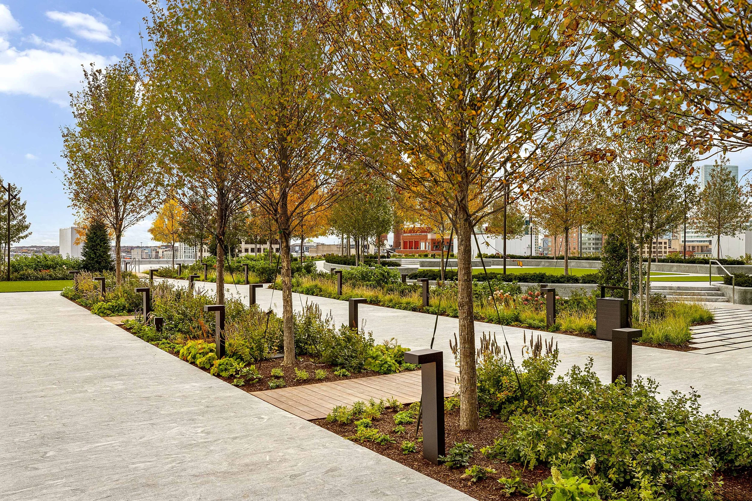 Sky Park at South Station with rows of layered plantings and trees visible and Ipe decking connecting parallel granite paver pathways highlighted