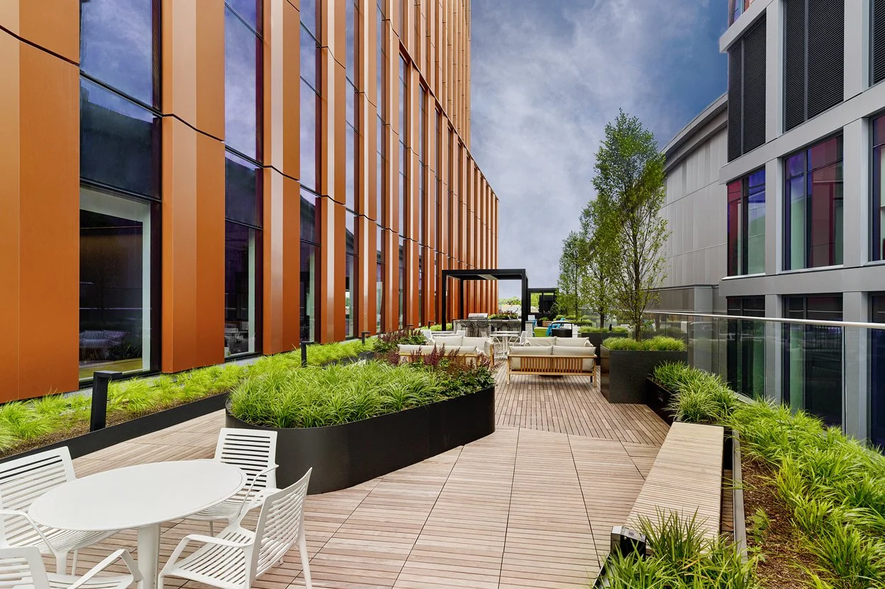 Rooftop amenity deck at 60 Guest Street in Allston featuring modern landscape installation by Xquisite Landscaping. This elevated outdoor space includes sleek wood decking, lush planter beds with ornamental grasses and seasonal color, outdoor cafe an