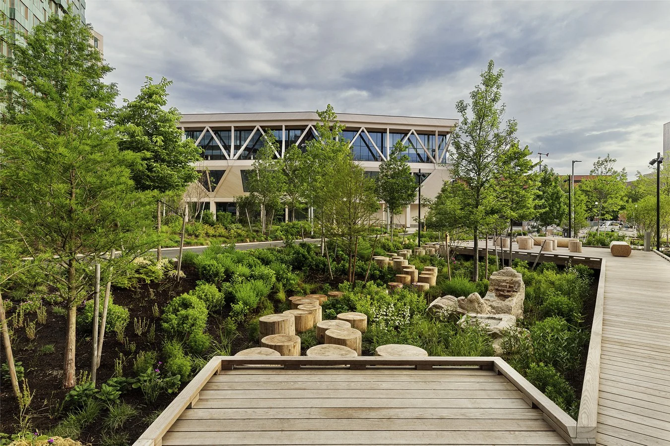 Landscaped garden with wooden boardwalks and log stepping posts in front of a modern, glass-fronted building.