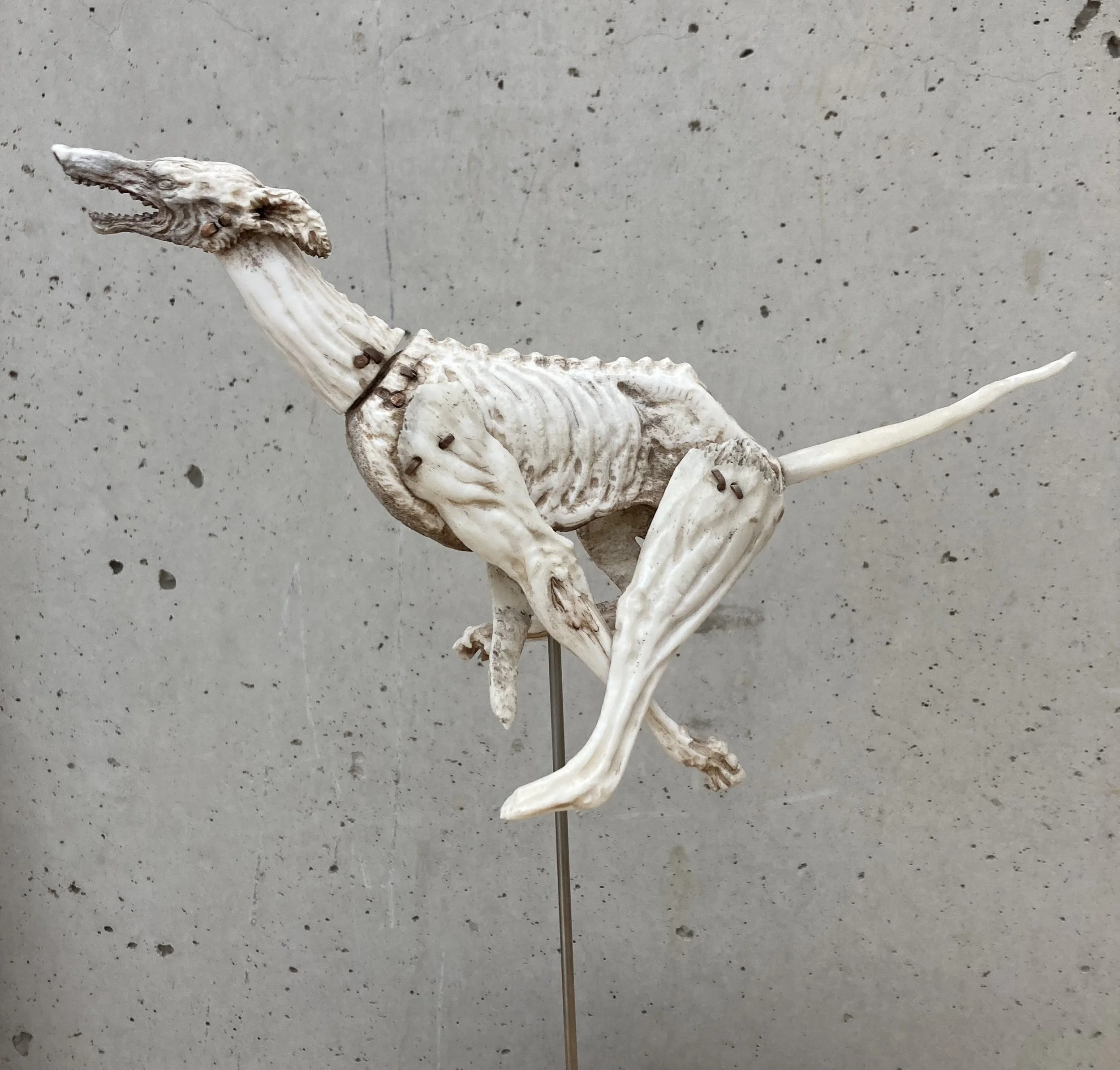 Greyhound miniature sculpture in copper stitched bone and antler,  running dog articulated by Jason Thomson