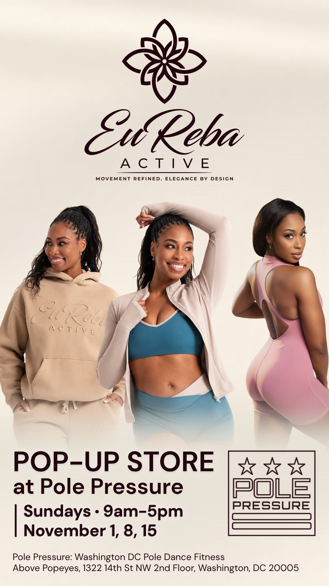 EuReba Active pop-up store at Pole Pressure — November 1, 8 and 15, 9 AM–5 PM