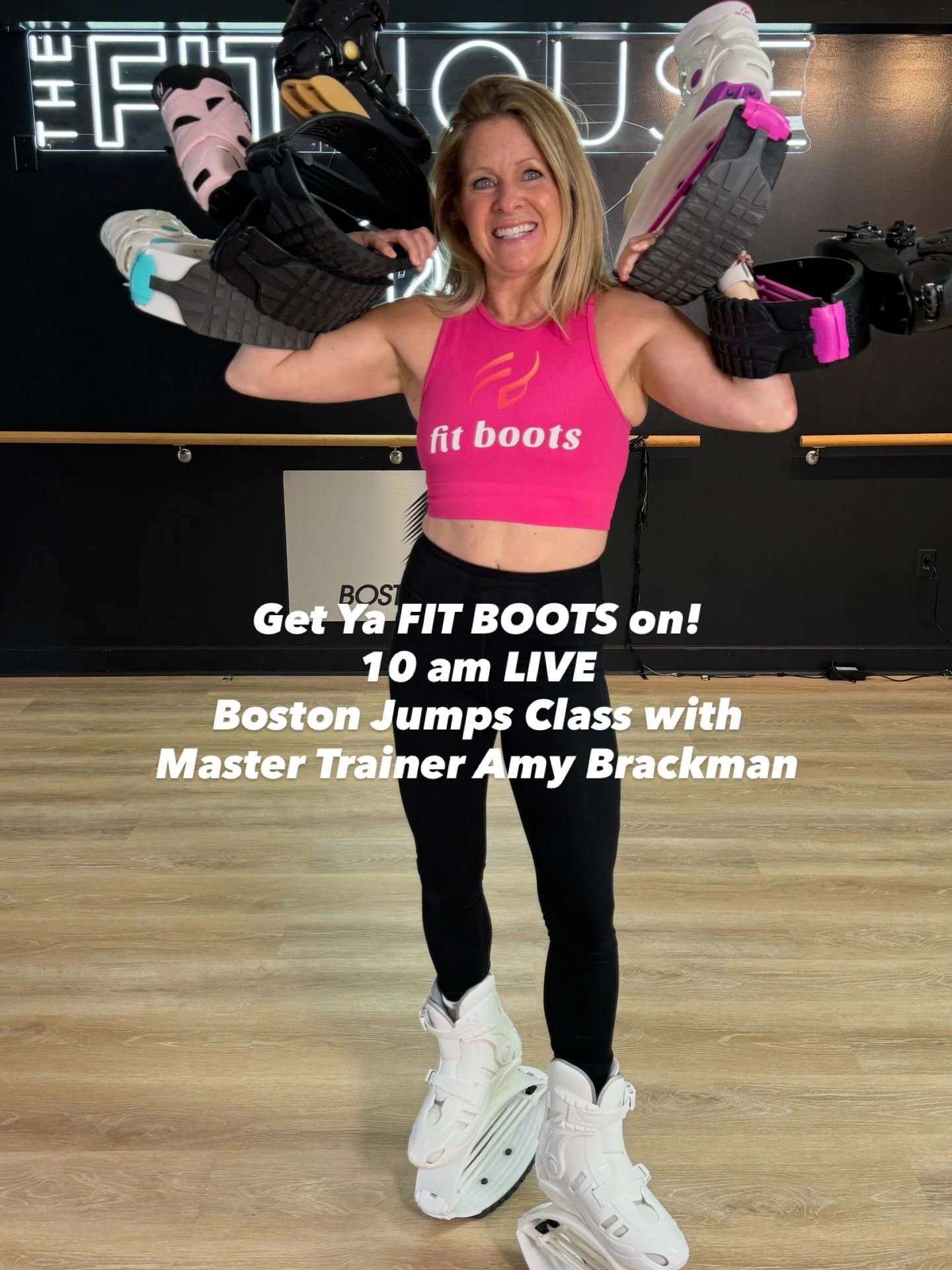 Tune in this morning 10 am LIVE on Instagram to @boston_jumps for a Boston Jumps Class @_the_fithouse with Master Trainer @amybrackman. We will be keeping it FUN &amp; Simple with our @fit.boots with basic moves everyone can do. All levels can join. 