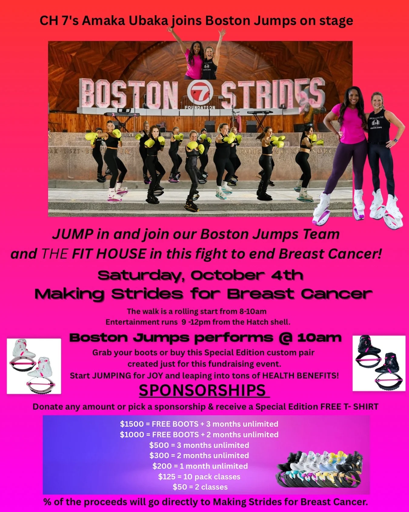 🩷 BIG NEWS🩷 just got BIGGER! @amakaubakatv from @7news 
will perform with us on stage. 

Boston Jumps x The FIT HOUSE was invited by the American Cancer Society to perform LIVE on stage at the Boston Esplanade for Making Strides Against Breast Canc