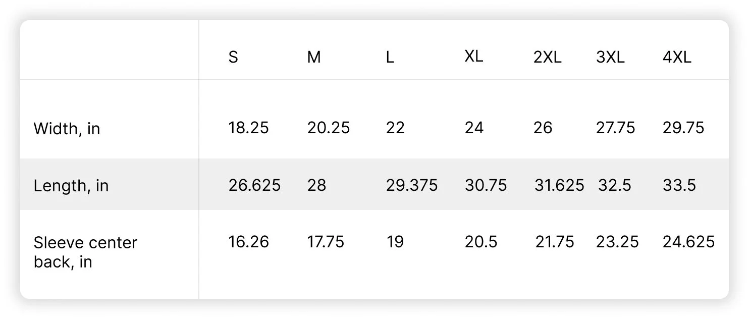 Comfort Colors t-shirt size chart
