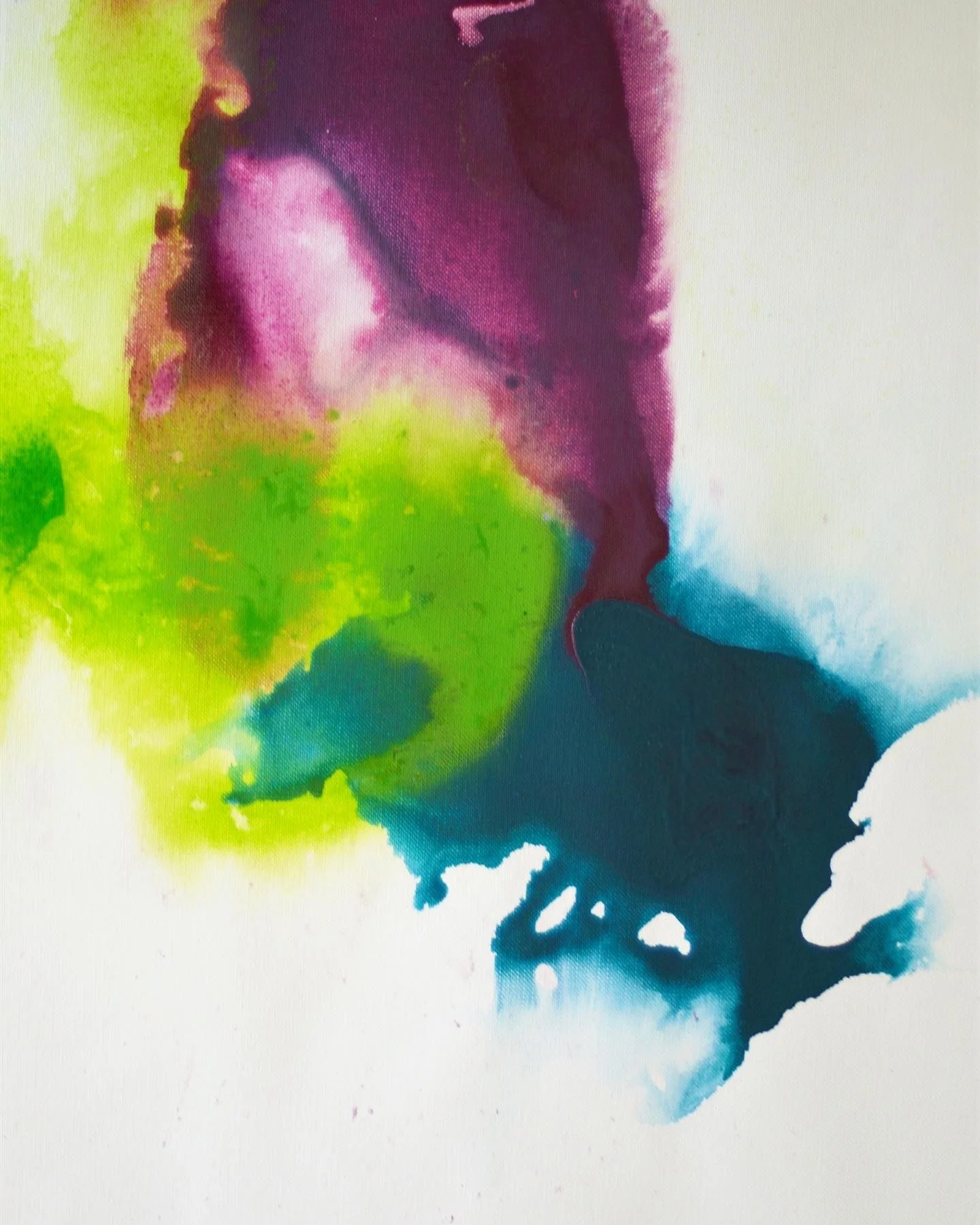 minimal abstract painting in green and purple splashes