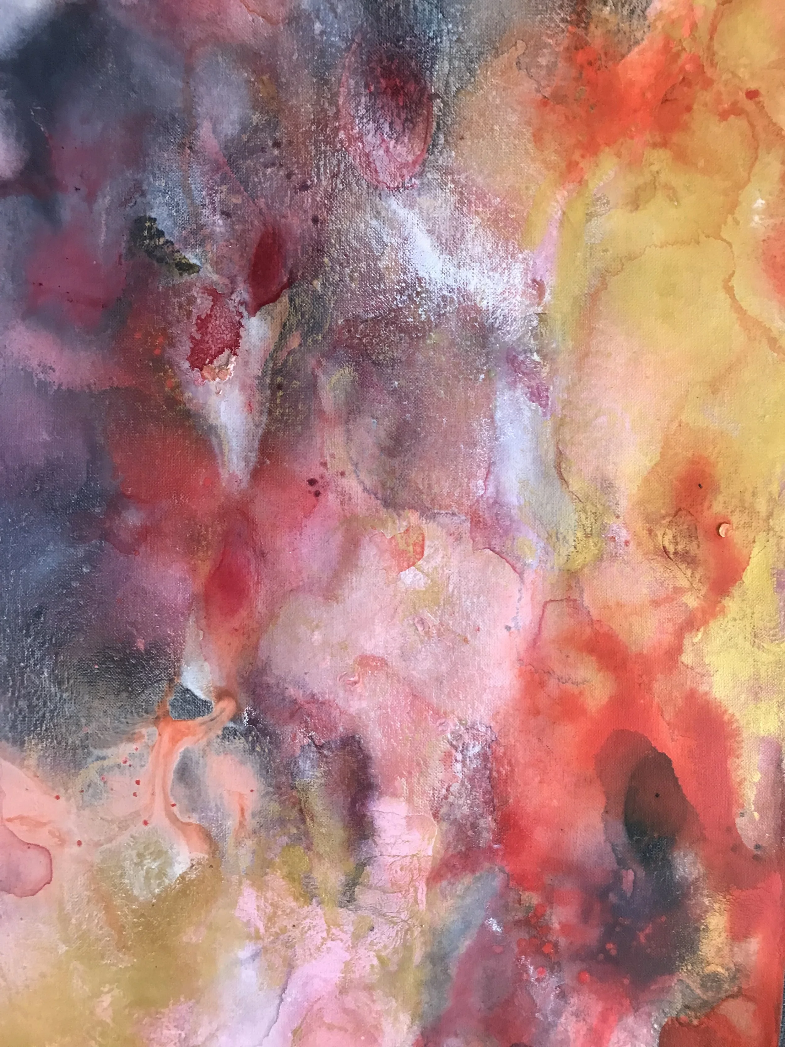 an abstract acrylic painting in pink and gold