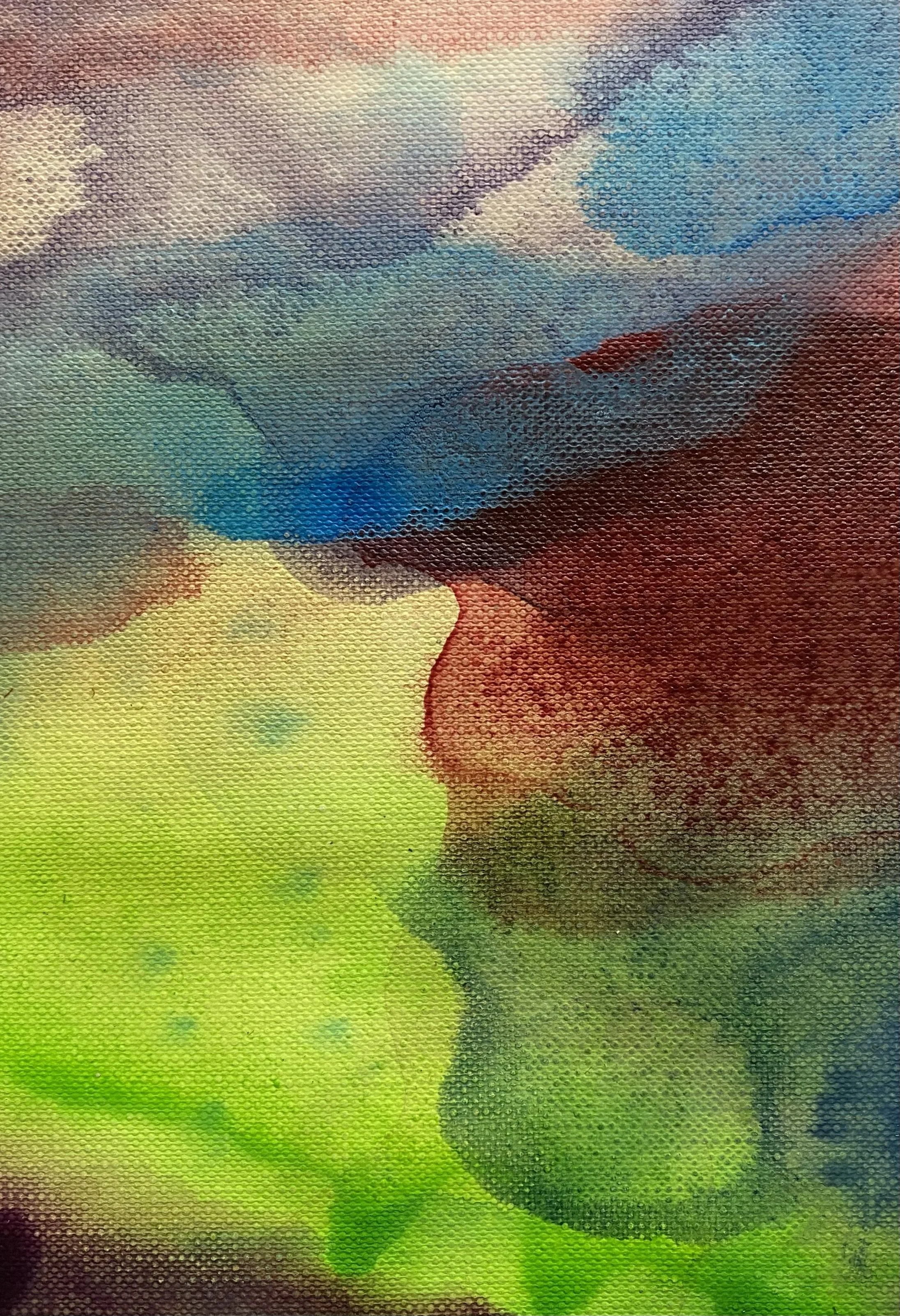 A colourful abstract painting with bright green, red and blue with a flowing movement