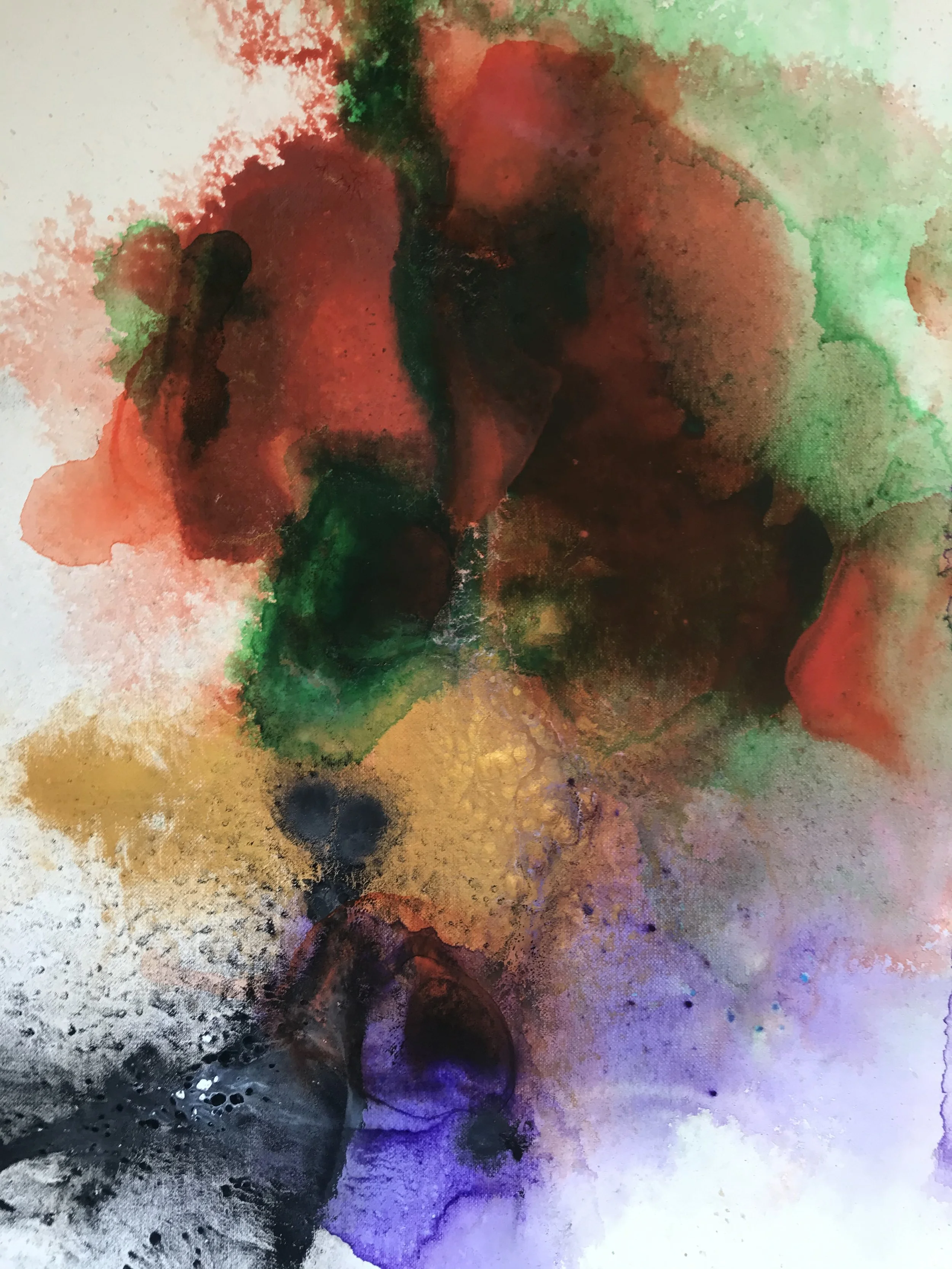 Abstract acylic painting in colours of Christmas. Red, green, gold and purple in an energetic splash