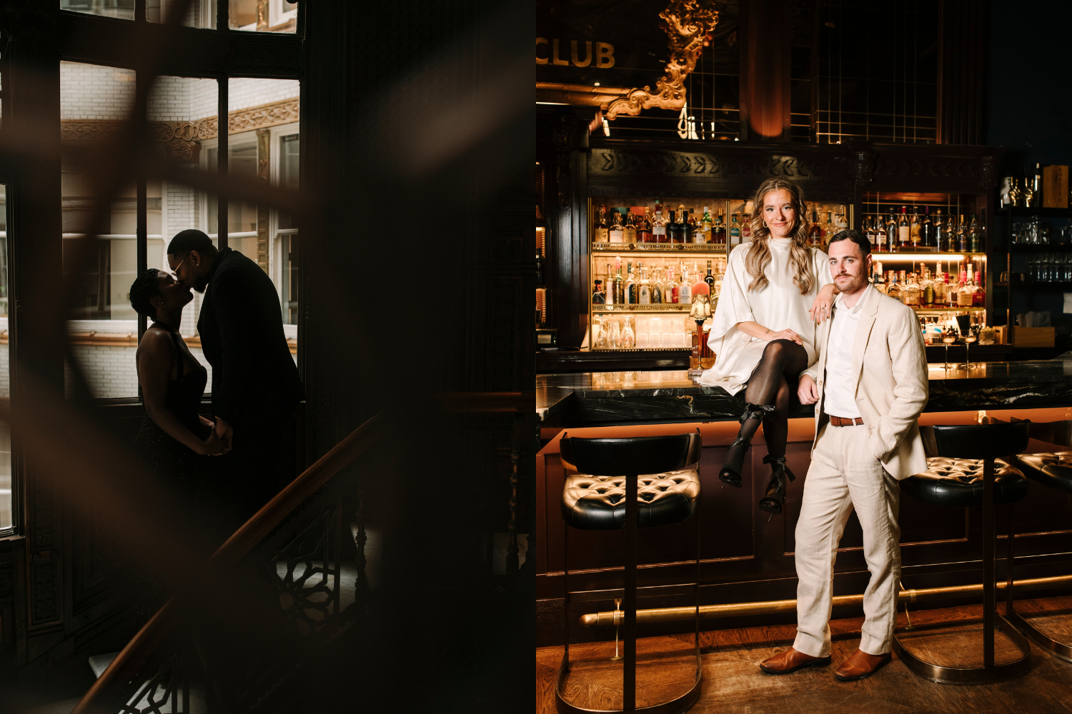 Wedding couple kissing in a historic building and posing at an elegant cocktail bar