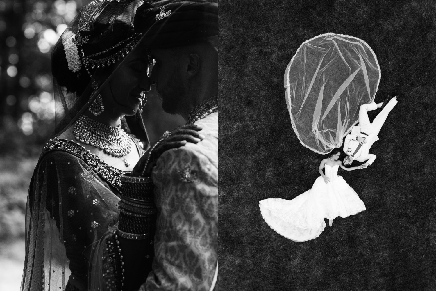 Black-and-white wedding collage featuring an Indian bride and groom embracing and an aerial view of a bride in a flowing gown beside her groom on grass
