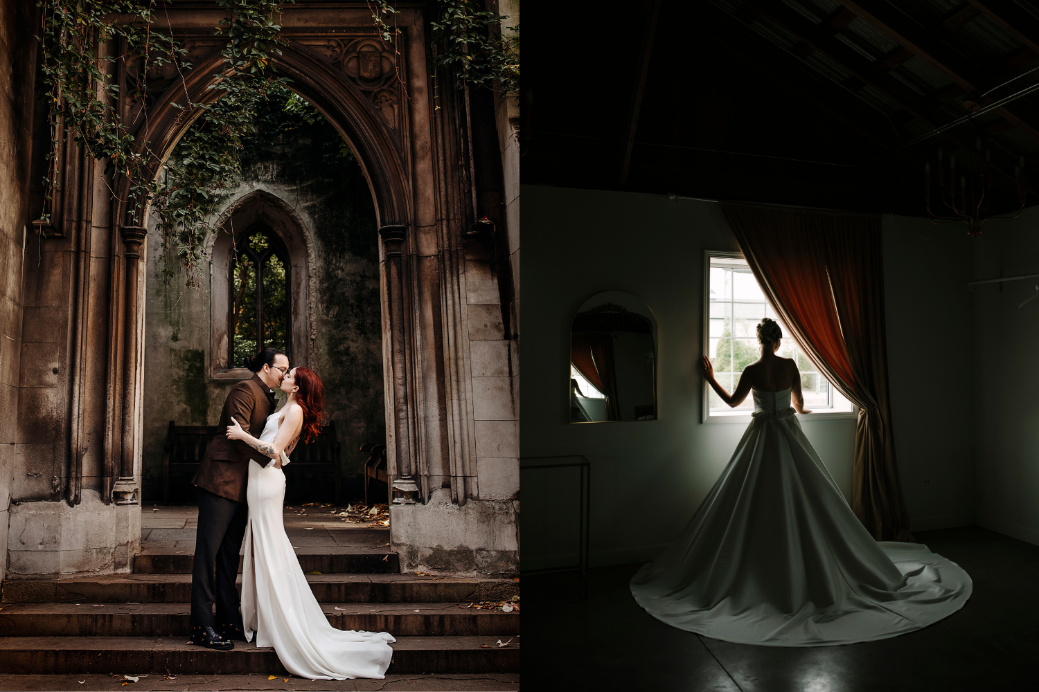 Split wedding photo showing a couple kissing beneath a Gothic stone arch and a bride in a flowing gown standing by a curtained window