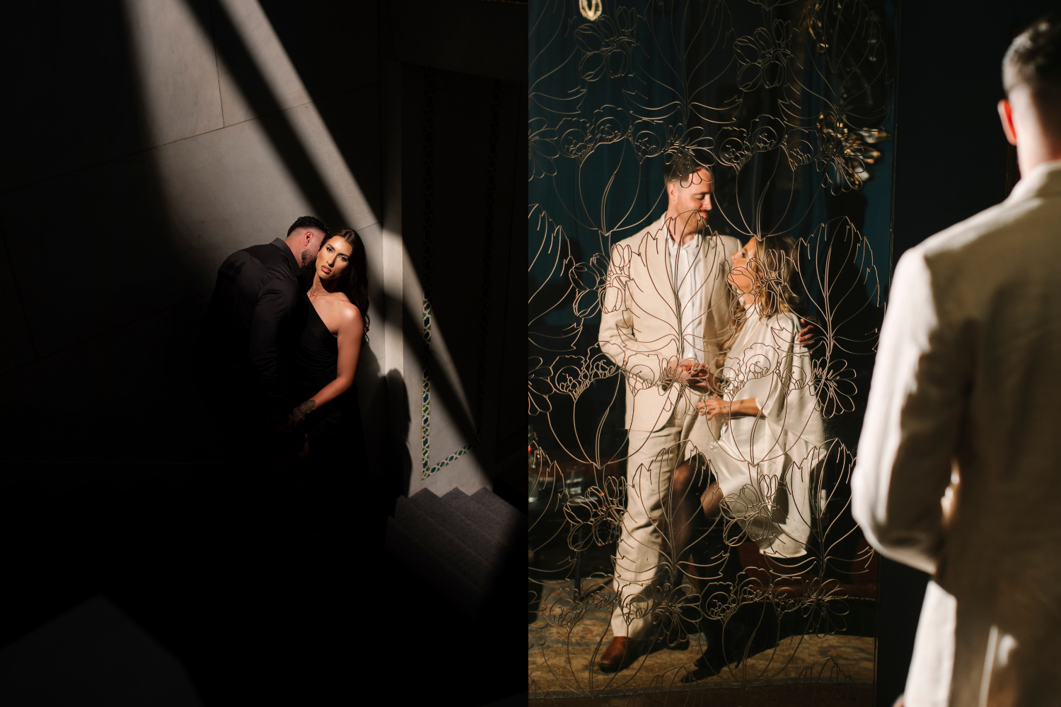 Stylish couple posing in a dimly lit stairwell, reflected in an ornate floral glass panel.