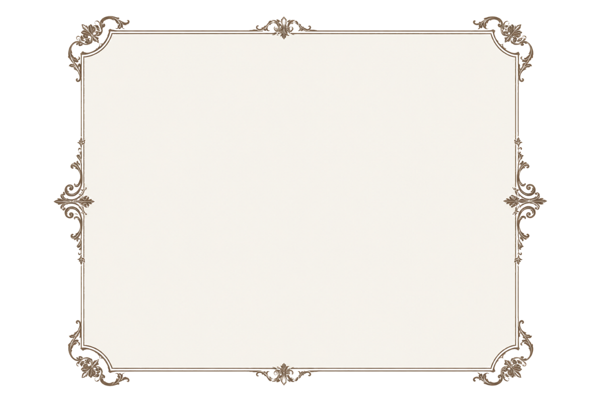 Blank vintage-style decorative rectangular frame with ornate floral corners on a transparent background