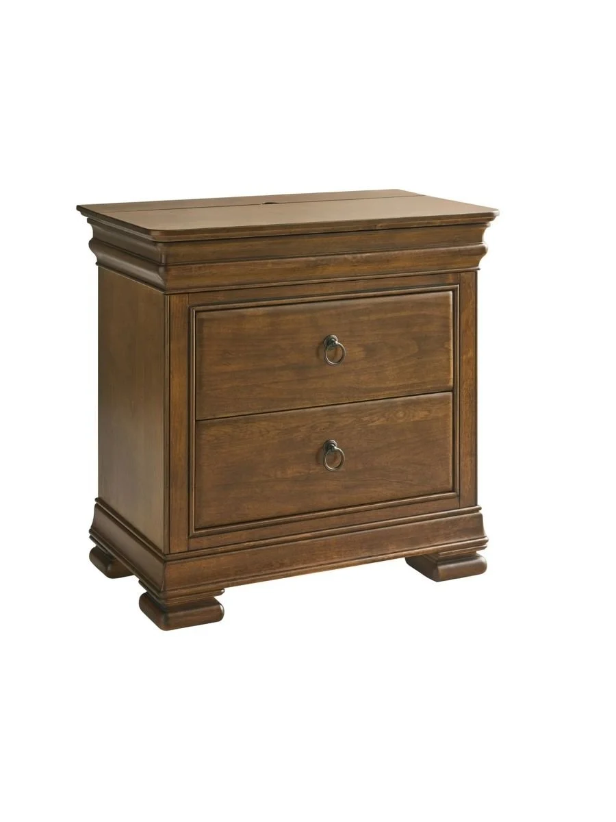 large Universal Furniture New Lou nightstand in cognac showing drawer construction and side profile, available at Curated Furnishings in Richmond, VA
