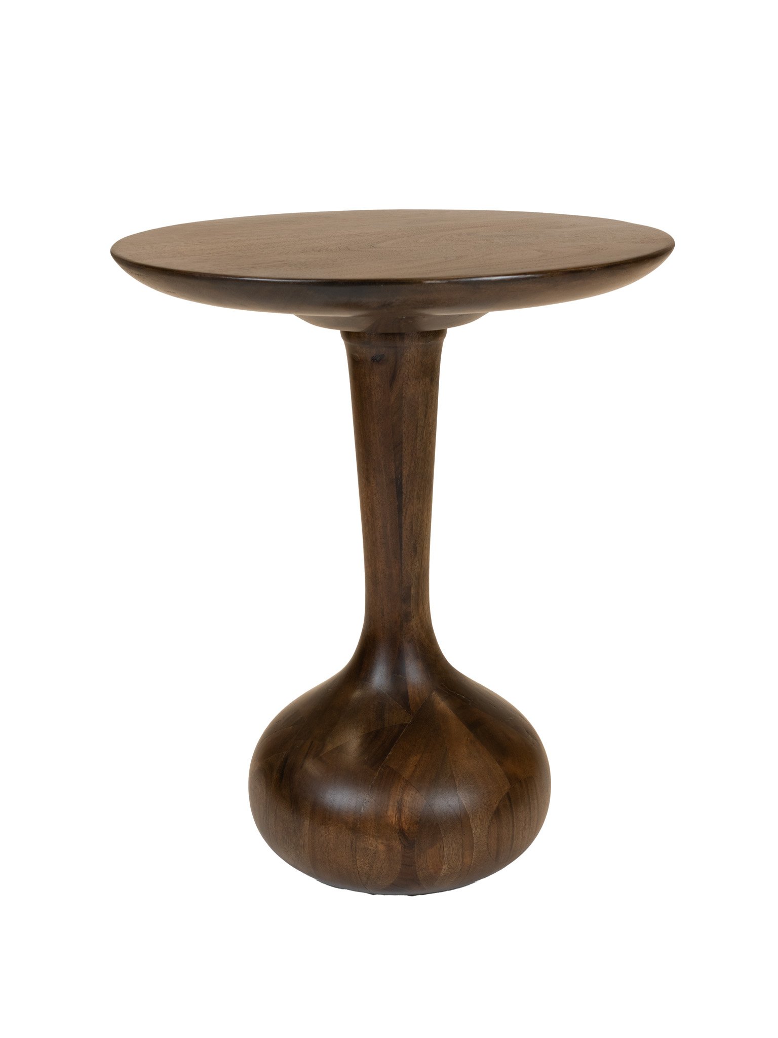 Sculpted Hyacinth Side Table in mocha with a smooth mango wood finish, styled as an accent piece in a minimalist room.