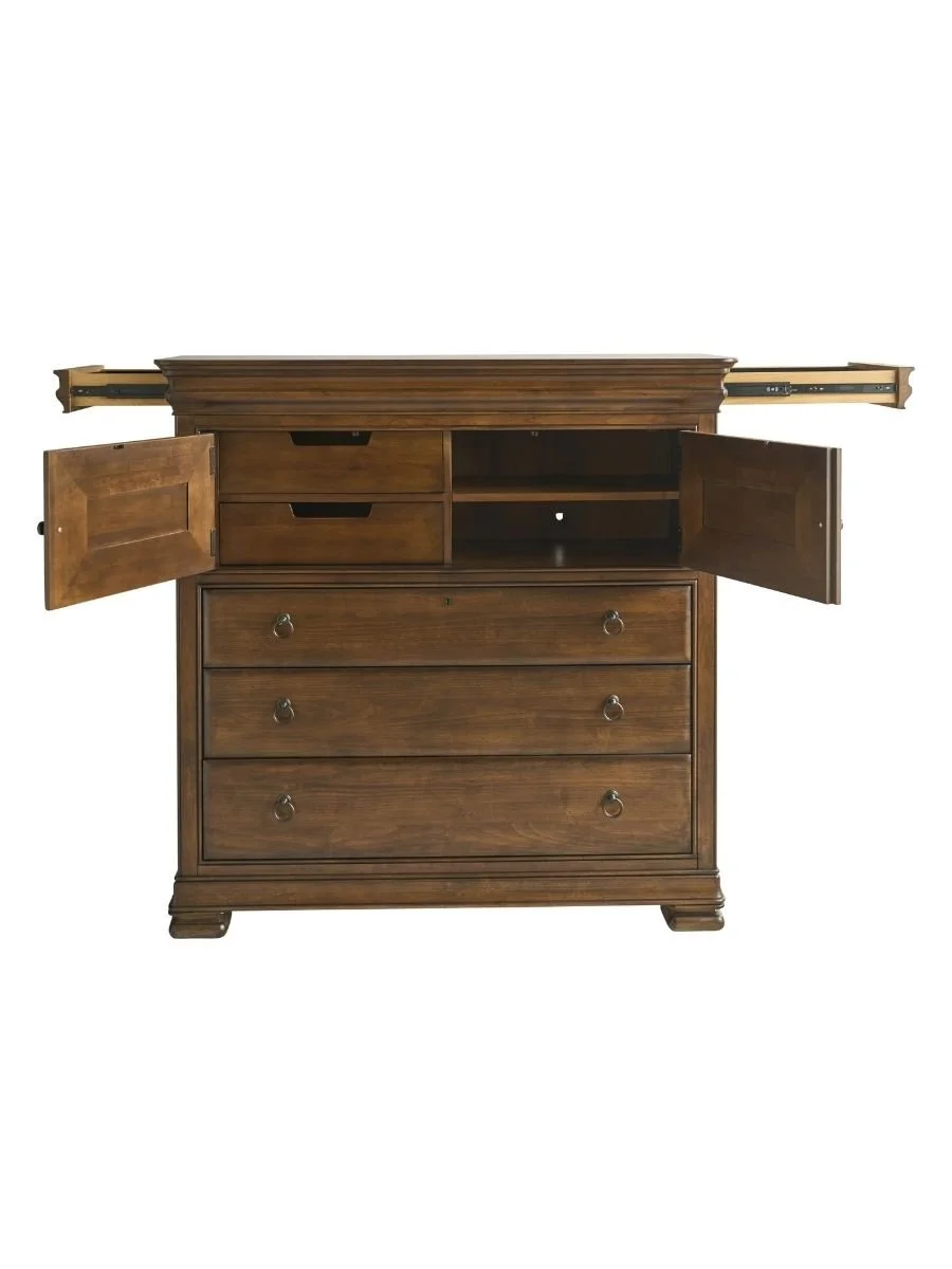 Universal Furniture New Lou dressing chest in cognac showing drawer and door storage configuration, available at Curated Furnishings in Richmond, VA
