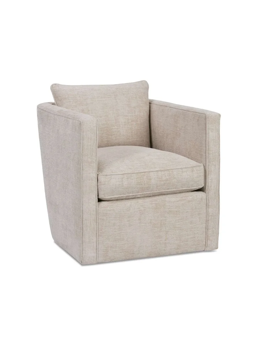 Rothko swivel chair by Rowe Furniture with a curved back and arms and deep upholstered seat.