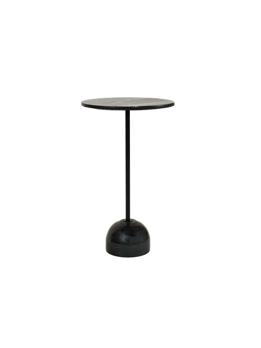A full view of the Bordeaux Marble Drink Table, highlighting its sleek metal stand and balanced proportions.