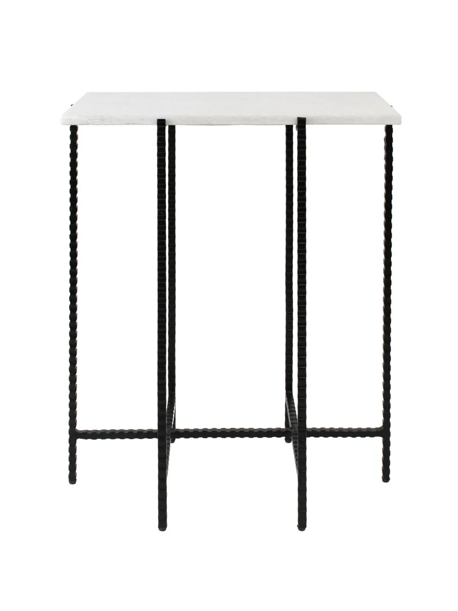 A full view of the Crozet Drink Table, highlighting its bold black metal base and minimalist silhouette.