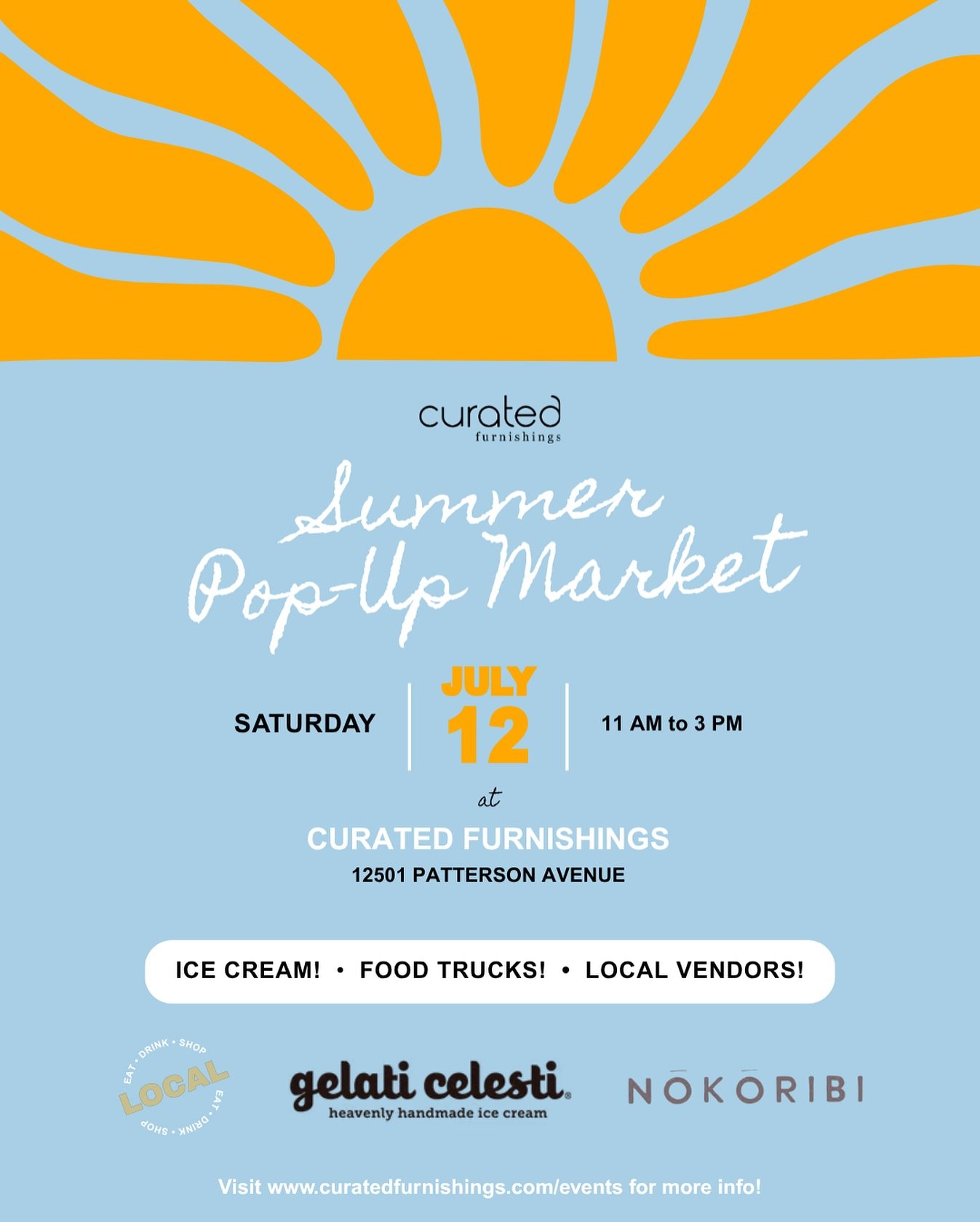 Save the Date! ☀️ Join us Saturday, July 12th from 11 AM to 3 PM for a vibrant Summer Pop-Up Market at Curated Furnishings! Explore a fantastic lineup of local vendors showcasing unique products, and enjoy delicious treats from Gelati Celesti and Nok