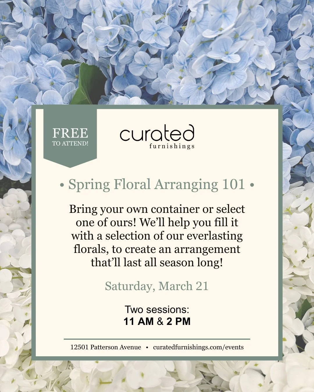 Spring is in bloom at Curated! 🌸 Join us in-store on Saturday, March 21, for a complimentary floral arranging demonstration and welcome the season with something beautiful!

Bring your own container or select one of ours, and we&rsquo;ll help you fi