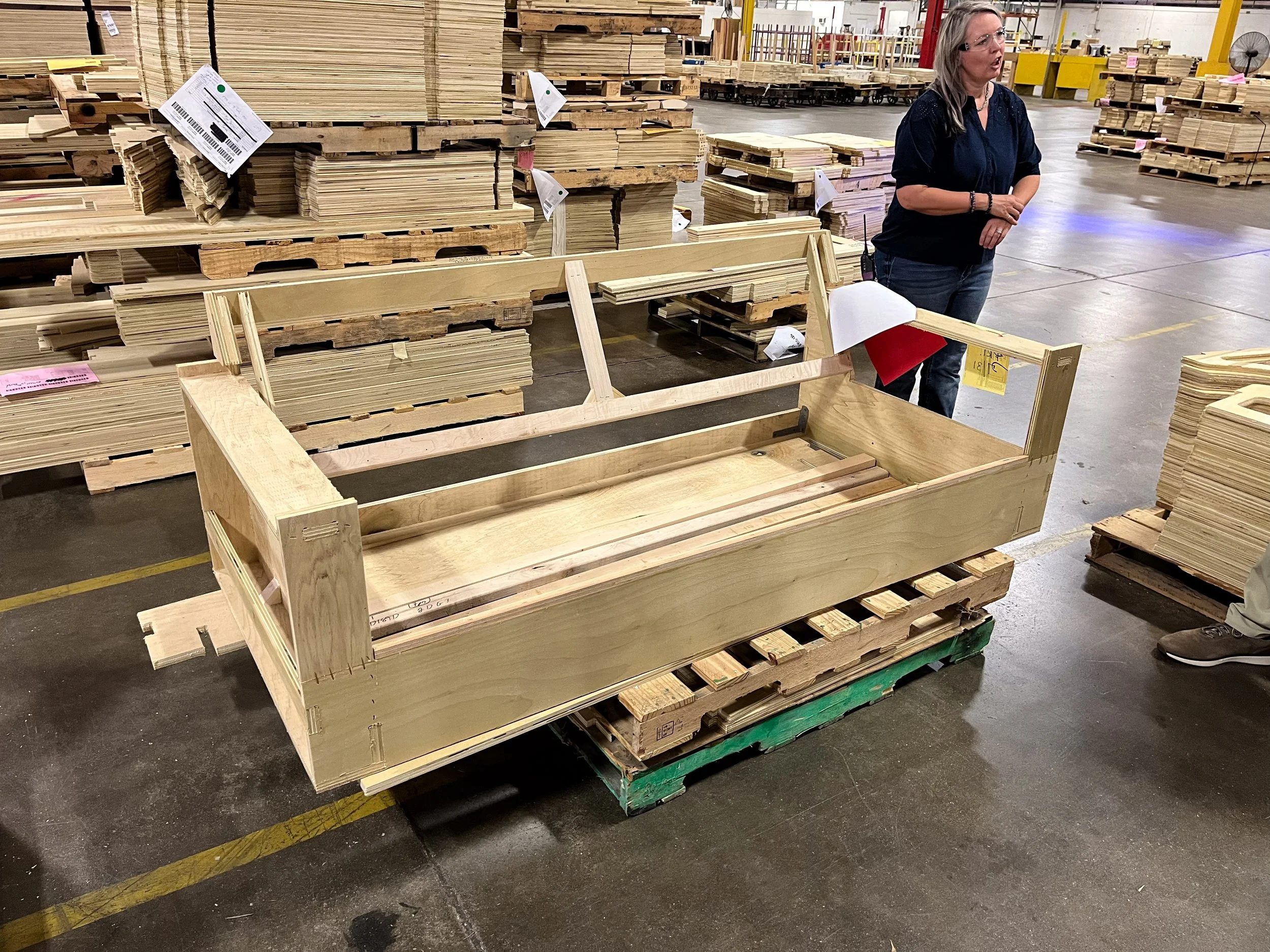 Hardwood frame of a Rowe Furniture sofa being constructed at the factory in Salem, Virginia.