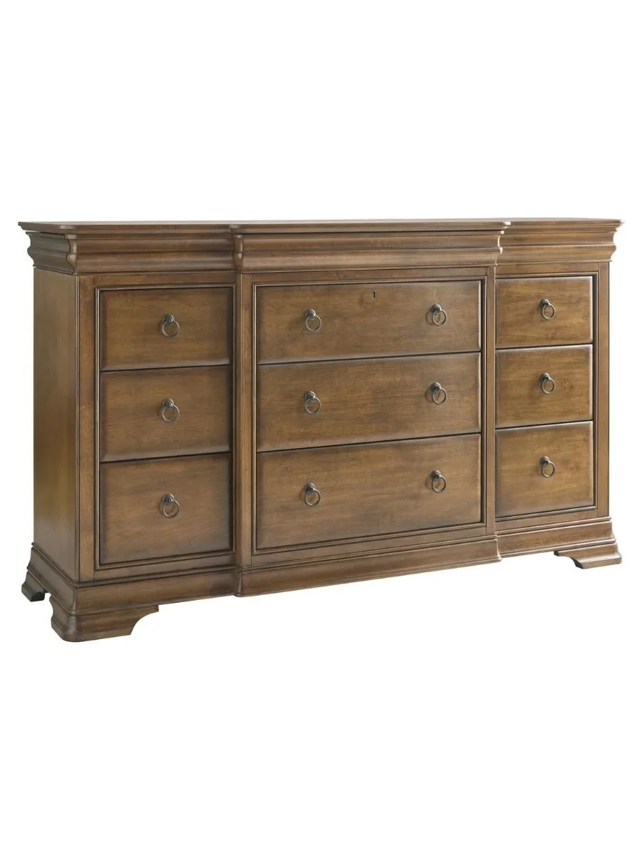 Universal Furniture New Lou drawer dresser in cognac showing side profile and drawer construction, available at Curated Furnishings in Richmond, VA