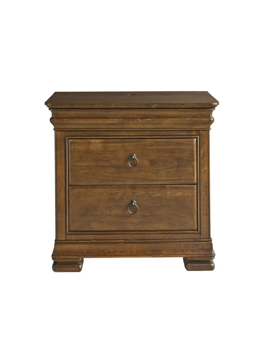 Universal Furniture New Lou nightstand in cognac with antique bronze ring hardware and Louis Philippe-inspired detailing, available at Curated Furnishings in Richmond, VA